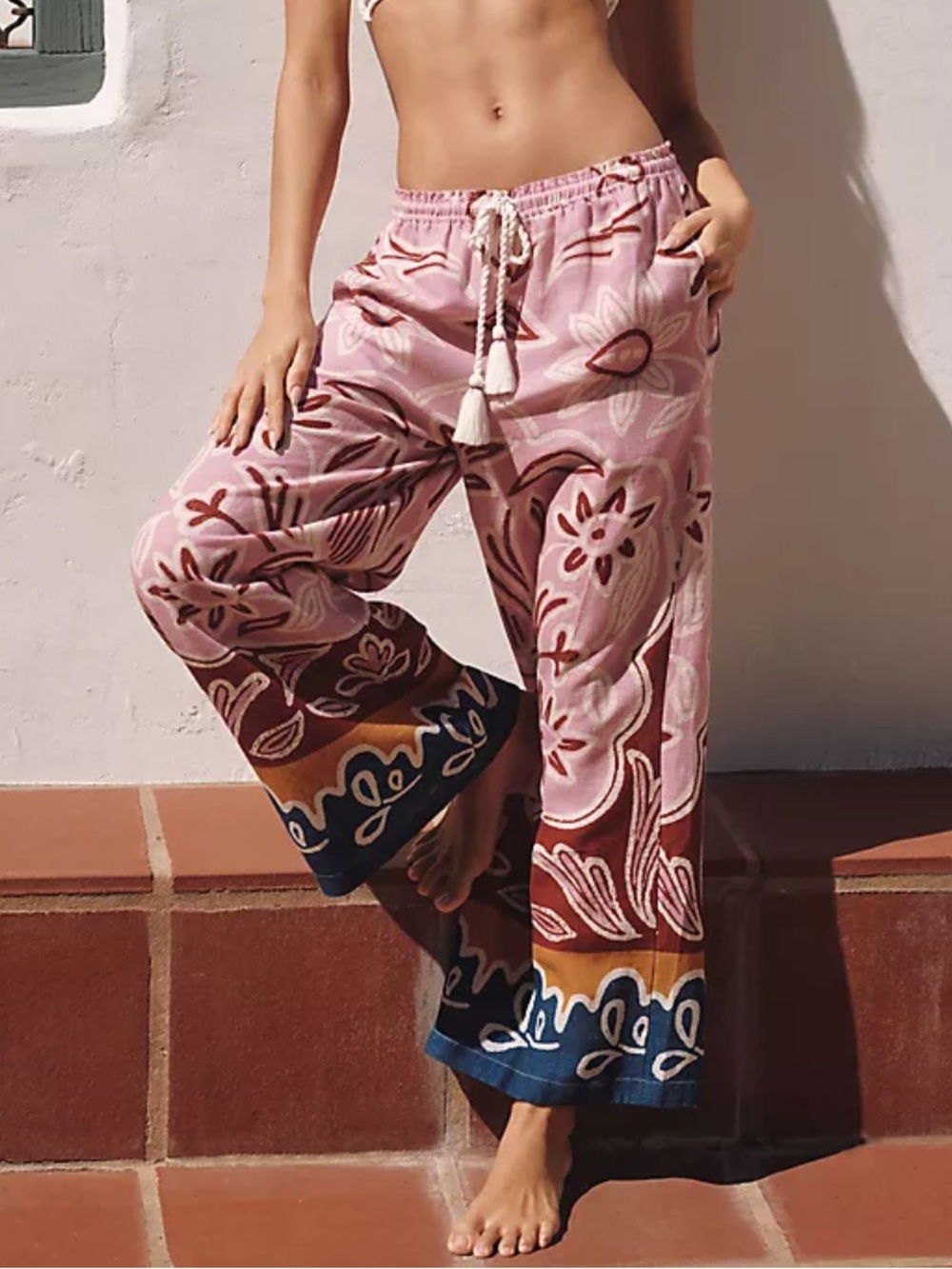 Anthropologie Celandine Pink Floral Wide-Leg Drawstring Pants